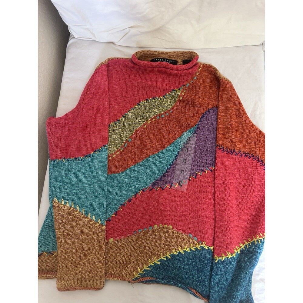 NWT Artsy, Boho, vibrant Crazy Horse Sweater, Multicolor Mock Neck, XL